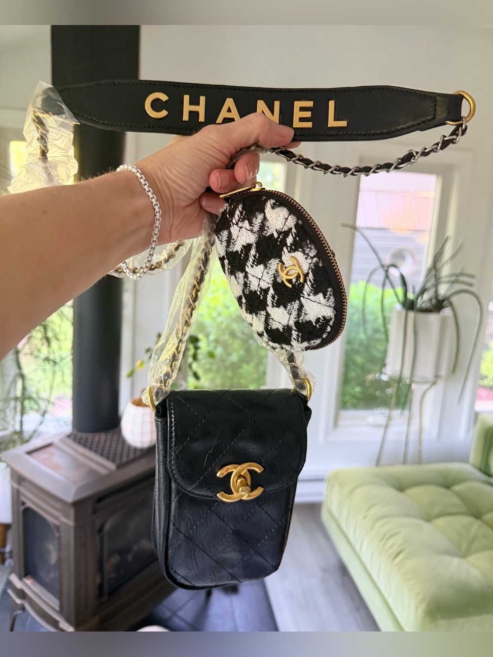 Chanel Makeup Black Aged PU Leather Crossbody Bag w Tweed Coin Purse